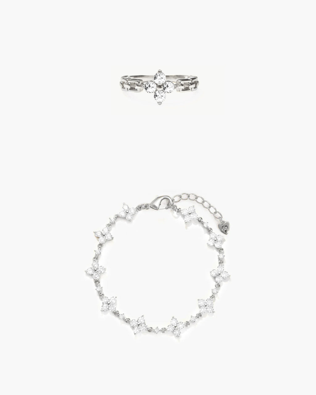 Sparkle Clover Bracelet and Ring Set in Silver