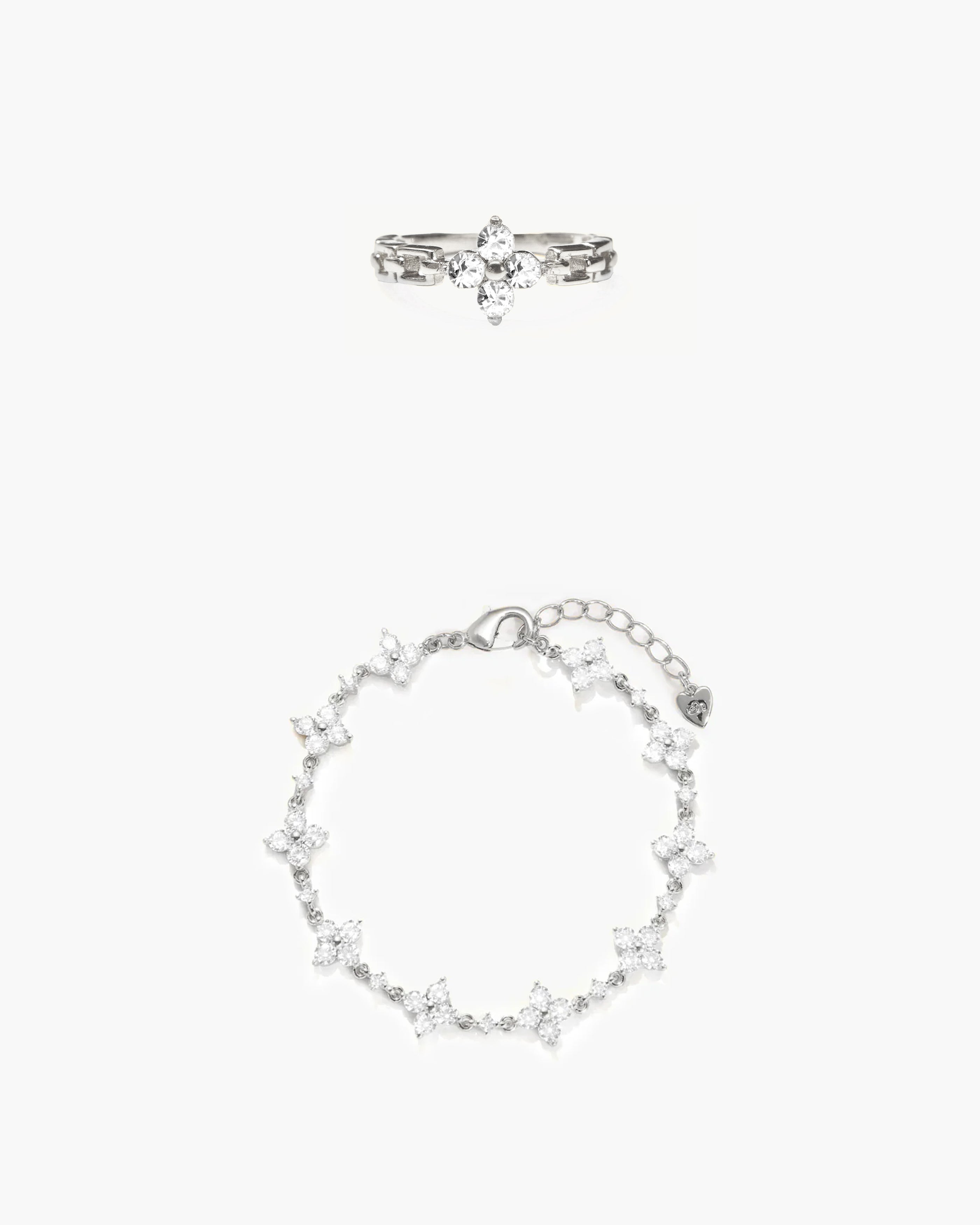 Sparkle Clover Bracelet and Ring Set in Silver