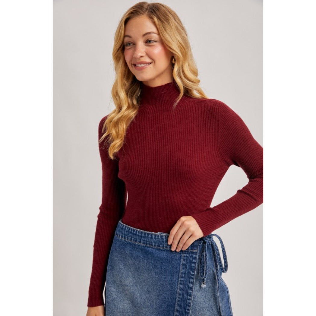 BLUIVY - MOCK NECK RIBBED KNIT TOP | BURGUNDY