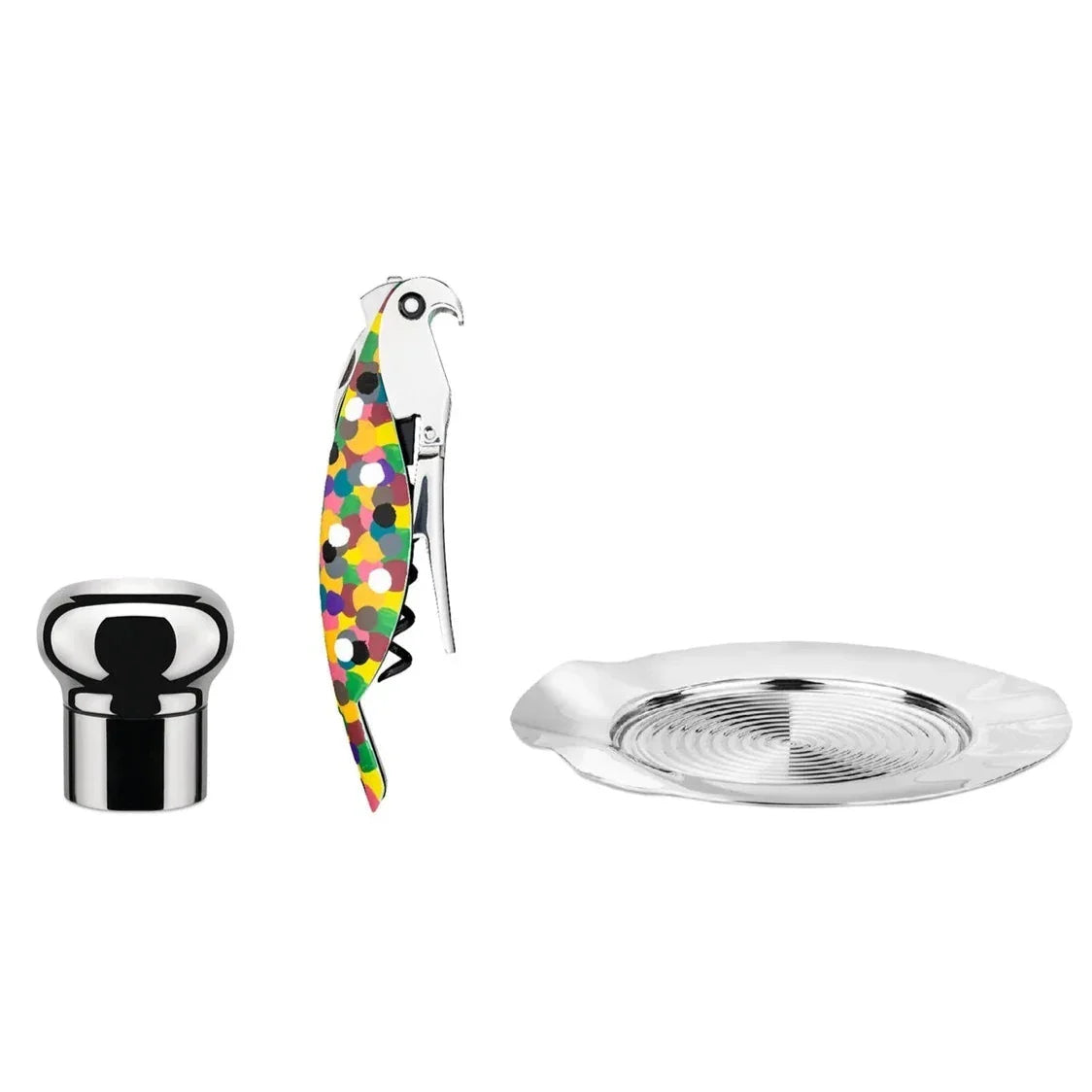 Alessi Wine Set, Parrot Corkscrew, coaster, champagne Stopper