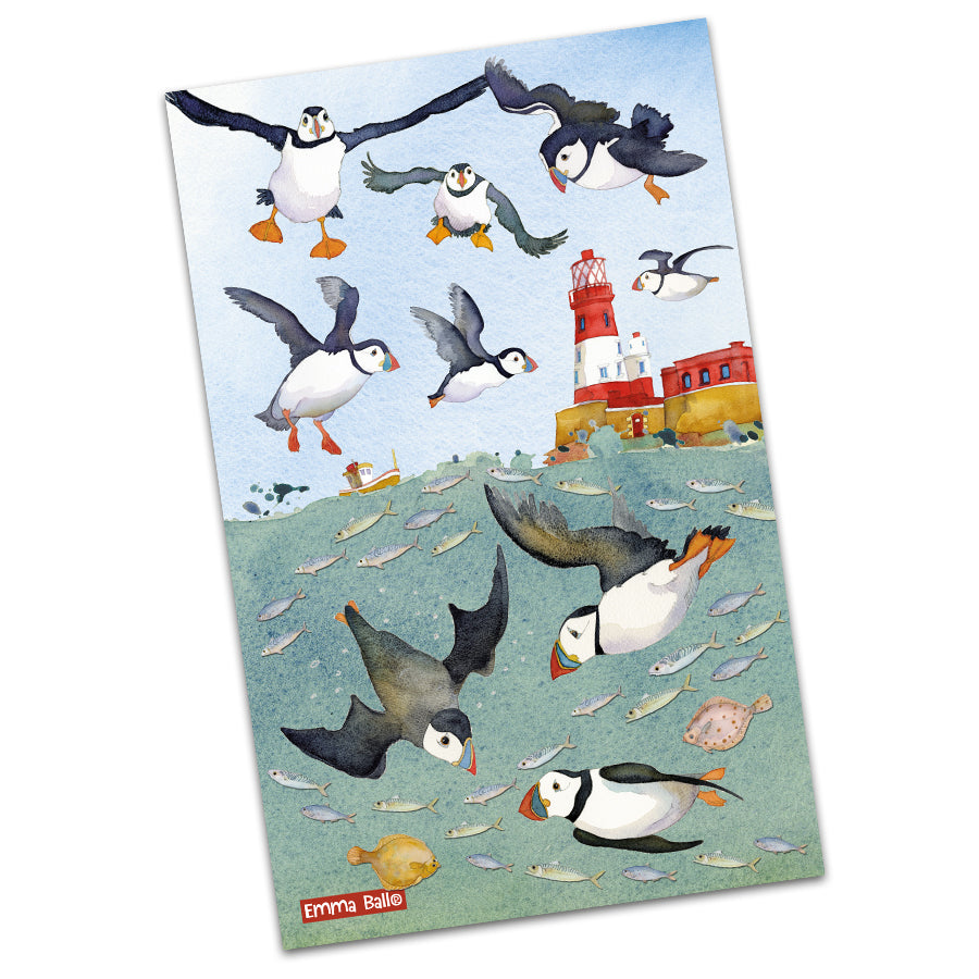 Emma Ball Sea Thrift Puffin & Diving Puffin Tea Towel Pair