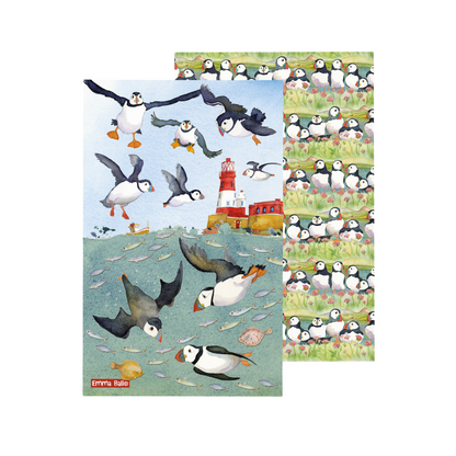 Emma Ball Sea Thrift Puffin & Diving Puffin Tea Towel Pair