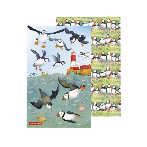 Emma Ball Sea Thrift Puffin & Diving Puffin Tea Towel Pair