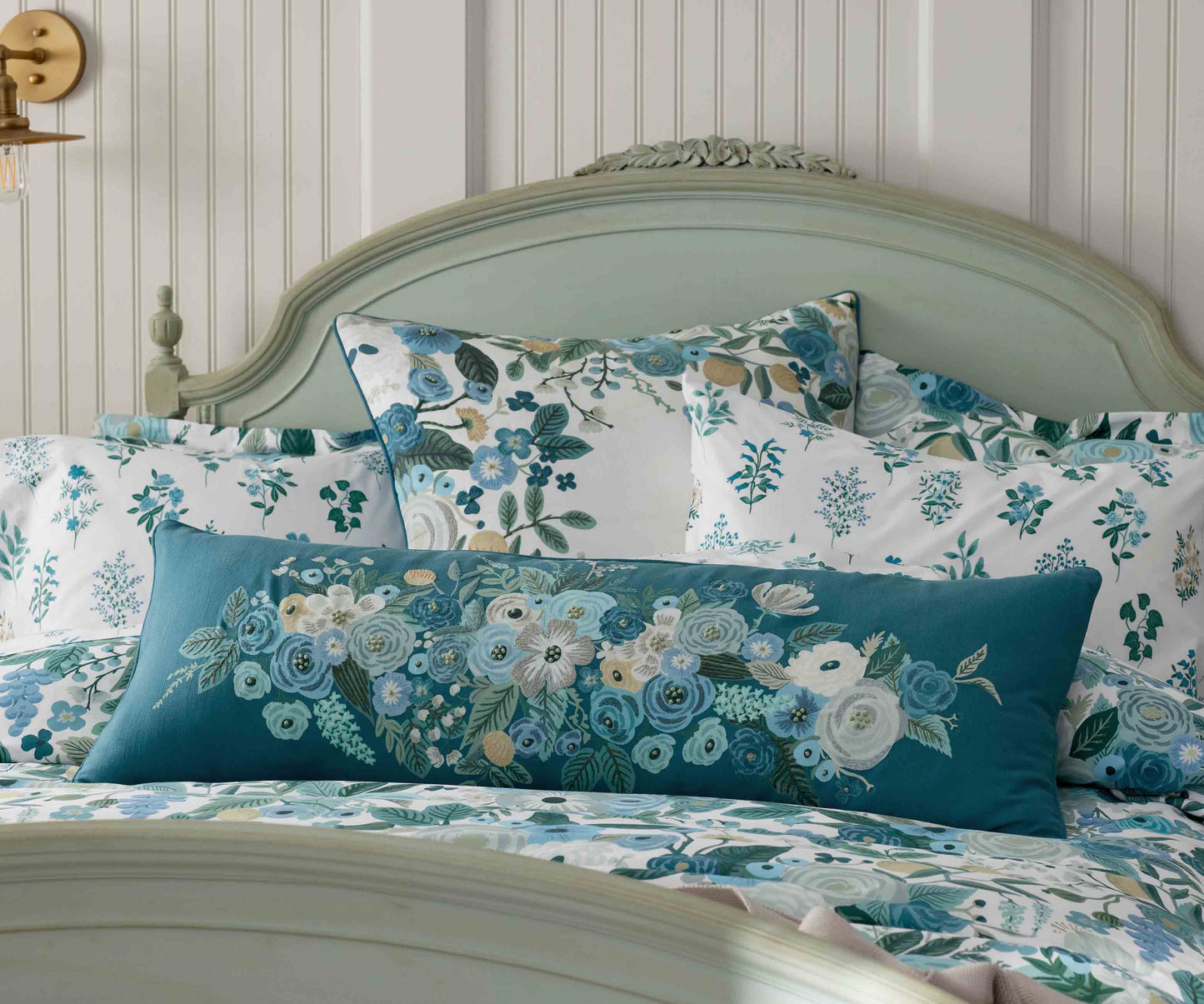 Embroidered Lumbar Pillow Cover - Garden Party Blue