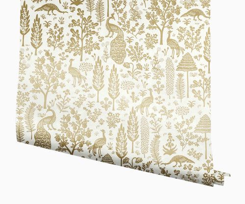 Menagerie Toile Wallpaper - White & Metallic Gold